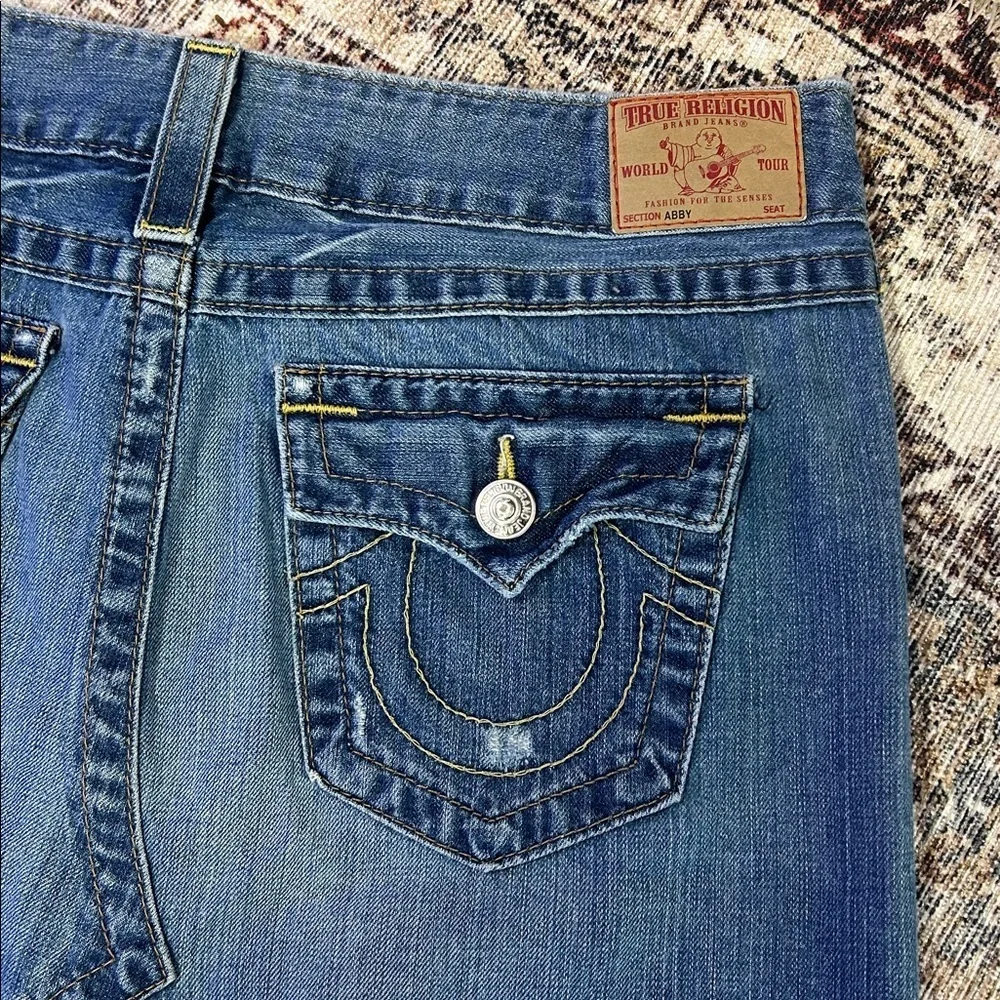 Vintage True Religion Y2K USA Made Raw Hem Blue Distressed Denim Mini Skirt | 31